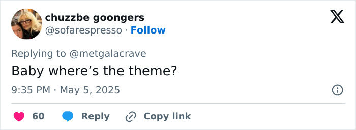 Tweet on a phone screen questioning the theme of Gigi Hadid&rsquo;s 2025 Met Gala dress with 60 likes and time stamp.