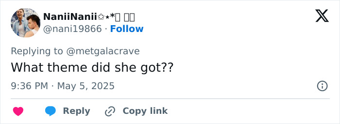 Tweet saying What theme did she got?, highlighting public reaction to Gigi Hadid&rsquo;s 2025 Met Gala dress theme controversy.