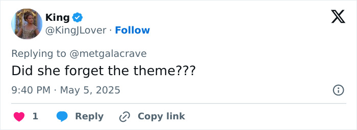 Twitter screenshot of user King questioning if Gigi Hadid forgot the theme for her 2025 Met Gala dress choice.