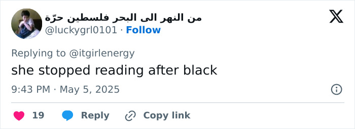 Tweet screenshot showing a user replying with the comment she stopped reading after black, discussing Sydney Sweeney's Met Gala outfit criticism.