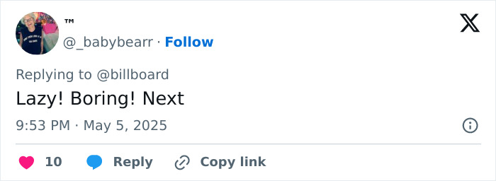 Screenshot of a tweet criticizing Sydney Sweeney&rsquo;s Met Gala outfit as lazy and boring.