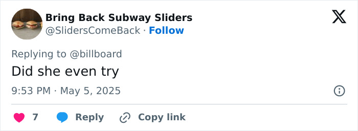 Tweet from Bring Back Subway Sliders criticizing Sydney Sweeney&rsquo;s Met Gala outfit as lazy and boring.