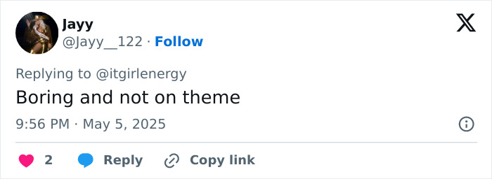 Sydney Sweeney wearing a Met Gala outfit criticized as lazy and boring by social media users.