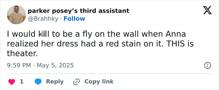 Tweet by parker posey’s third assistant mentioning Anna Wintour’s Met Gala dress red stain sparking gossip and drama. Tweet by parker posey’s third assistant mentioning Anna Wintour’s Met Gala dress red stain sparking gossip and drama.