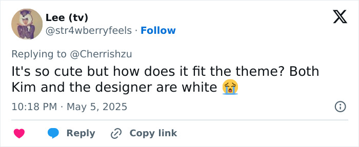 Tweet text criticizing Sydney Sweeney's Met Gala outfit as lazy and boring, questioning its fit with the theme.