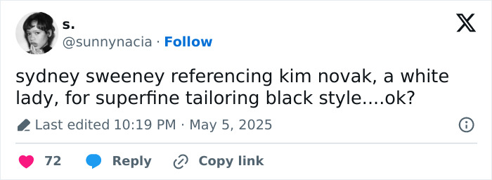 Screenshot of a tweet discussing Sydney Sweeney's Met Gala outfit and its comparison to classic black tailoring style.