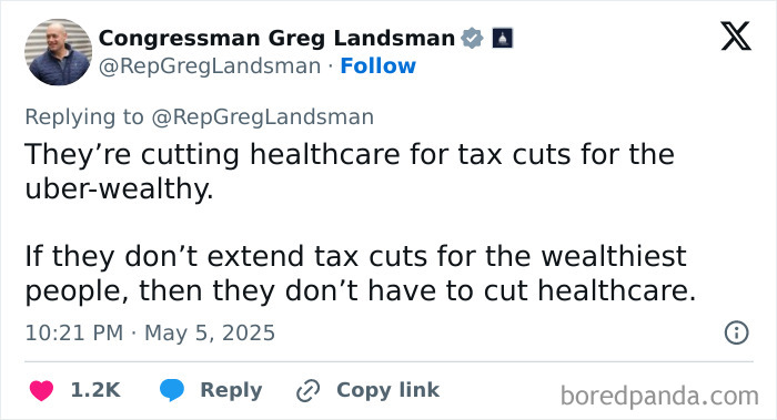 Screenshot of a social media post expressing frustration about healthcare cuts and tax policies amid current political situation.