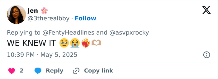 Twitter user Jen excitedly reacting to Rihanna unveiling her third pregnancy with A$AP Rocky during Met Gala 2025.