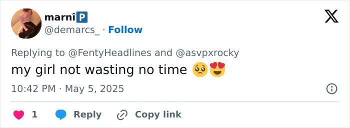 Tweet reply expressing admiration and excitement about Rihanna unveiling third pregnancy with A$AP Rocky at Met Gala 2025.