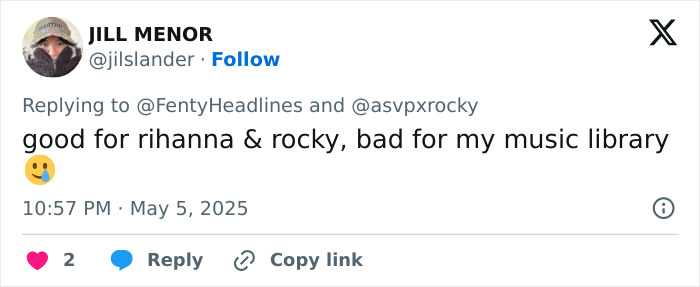 Tweet by Jill Menor expressing mixed feelings about Rihanna and A$AP Rocky, referencing Rihanna's 3rd pregnancy reveal.