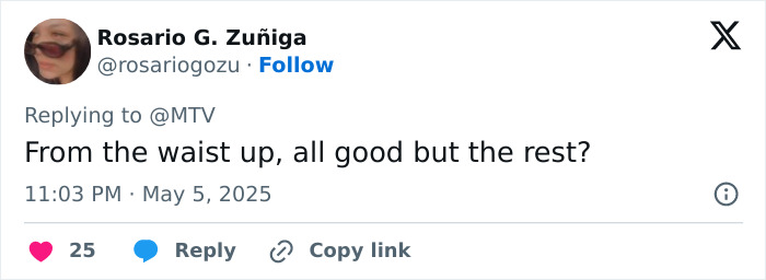 Tweet screenshot showing a user commenting on Sabrina Carpenter&rsquo;s pantless outfits at Met Gala 2025, stirring criticism online.