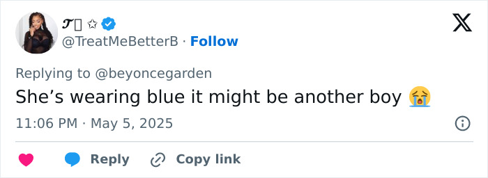 Tweet mentioning Rihanna unveiling third pregnancy at Met Gala 2025, speculating about baby boy and ring status.