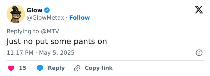 Tweet screenshot showing a user trolling Sabrina Carpenter for pantless outfits at Met Gala 2025.