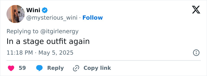 Tweet criticizing Sabrina Carpenter&rsquo;s pantless outfits at Met Gala 2025, calling out her stage looks again.