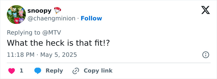 Screenshot of a Twitter reply criticizing Sabrina Carpenter&rsquo;s pantless outfit at the Met Gala 2025 with a shocked reaction.
