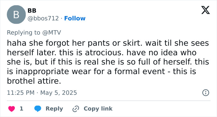 Twitter user criticizing Sabrina Carpenter for wearing pantless outfits at Met Gala 2025, calling it inappropriate attire.