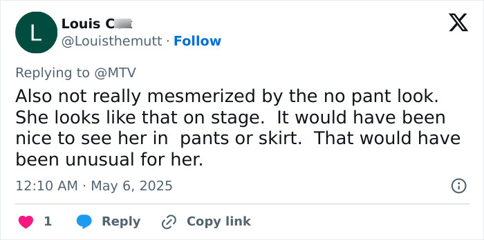Twitter comment criticizing Sabrina Carpenter's pantless outfit at Met Gala 2025, mentioning the no pant look.