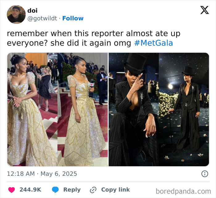 Reporter outshines celebs on Met Gala red carpet wearing elegant gold gown and striking black suit with top hat. Reporter outshines celebs on Met Gala red carpet wearing elegant gold gown and striking black suit with top hat.