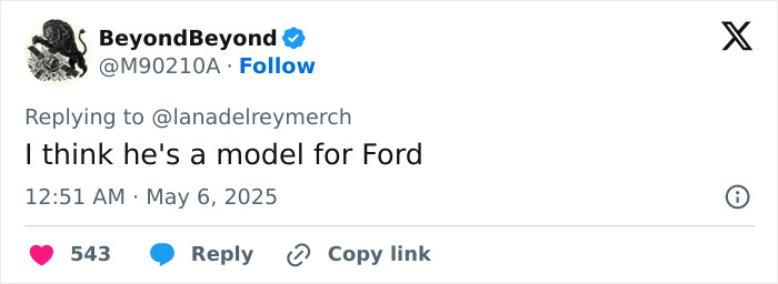 Twitter reply about a model for Ford, linked to the massive thirst over guy in Lana Del Rey Met Gala photo on social media.