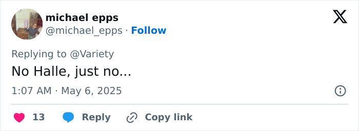Tweet from michael epps replying No Halle, just no to Variety, posted May 6, 2025, in response to Halle Berry Met Gala dress topic.