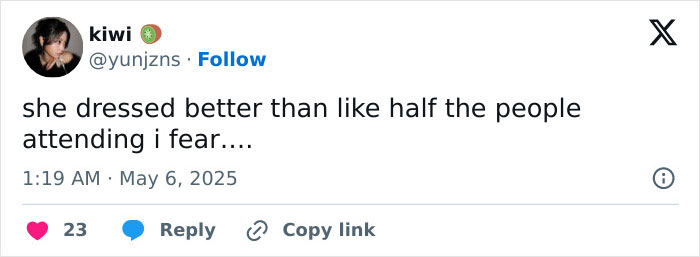 Tweet praising reporter for outshining celebs on Met Gala red carpet, highlighting her standout style over attendees. Tweet praising reporter for outshining celebs on Met Gala red carpet, highlighting her standout style over attendees.