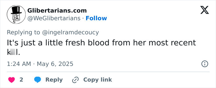 Tweet from Glibertarians.com joking about a fresh blood stain related to Anna Wintour's Met Gala dress gossip. Tweet from Glibertarians.com joking about a fresh blood stain related to Anna Wintour's Met Gala dress gossip.