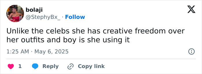 Tweet praising reporter for repeatedly outshining celebs on Met Gala red carpet with creative outfit freedom. Tweet praising reporter for repeatedly outshining celebs on Met Gala red carpet with creative outfit freedom.