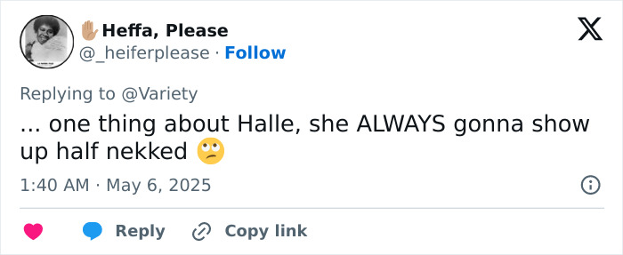 Twitter comment about Halle Berry showing up half naked, referencing her sheer Met Gala dress and underwear-free look.
