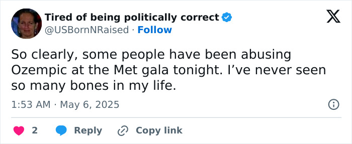 Tweet commenting on dramatic weight loss linked to Ozempic at the Met Gala 2025, sparking fan reactions online.