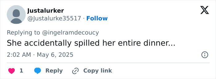Tweet by Justalurker commenting on Anna Wintour's Met Gala dress stain causing wild gossip about someone getting fired. Tweet by Justalurker commenting on Anna Wintour's Met Gala dress stain causing wild gossip about someone getting fired.