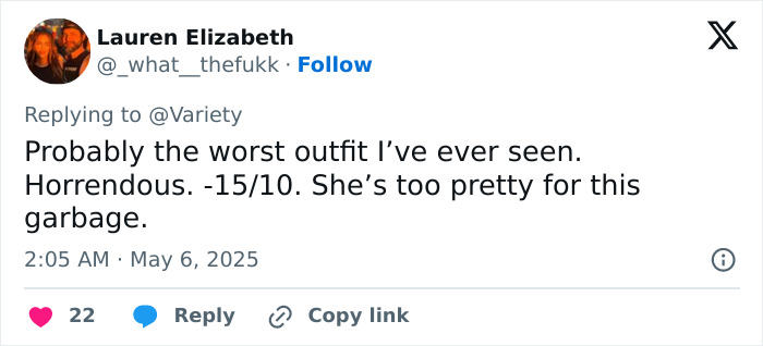 User tweet expressing a negative opinion about Halle Berry's Met Gala look with stylist breaking silence after star left panties at home. User tweet expressing a negative opinion about Halle Berry's Met Gala look with stylist breaking silence after star left panties at home.