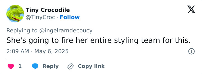 Tweet reading she's going to fire her entire styling team amid Anna Wintour's Met Gala dress stain gossip. Tweet reading she's going to fire her entire styling team amid Anna Wintour's Met Gala dress stain gossip.