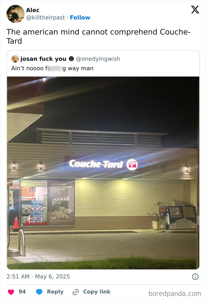 Nighttime photo of a Couche-Tard store exterior, illustrating a confusing sight for the American mind.