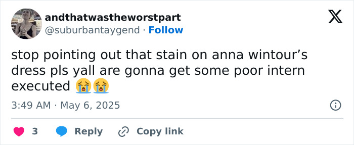 Tweet about Anna Wintour’s Met Gala dress stain causing gossip and concern for a poor intern’s job safety. Tweet about Anna Wintour’s Met Gala dress stain causing gossip and concern for a poor intern’s job safety.
