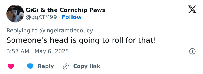 Twitter reply about consequences, referencing someone getting fired after Anna Wintour's Met Gala dress stain sparked gossip. Twitter reply about consequences, referencing someone getting fired after Anna Wintour's Met Gala dress stain sparked gossip.