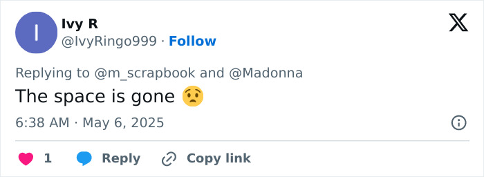 Screenshot of a tweet reacting to Madonna's missing gap, with a sad face emoji expressing surprise.