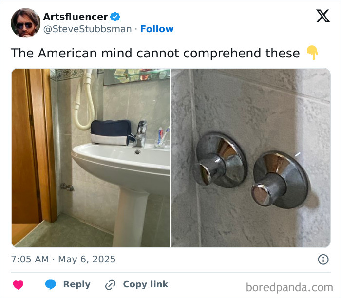 Bathroom sink faucet with unusual k**b design, featured in photos confusing the American mind and challenging common expectations.