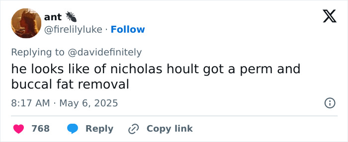 Tweet discussing the massive thirst over guy in Lana Del Rey Met Gala photo as internet speculates about his look.