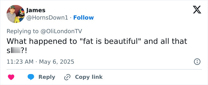 Tweet questioning the shift from fat acceptance amid Met Gala 2025&rsquo;s dramatic weight loss and Ozempic sponsorship discussion.