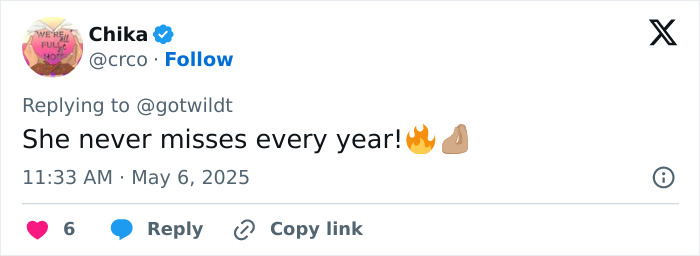 Tweet from user Chika praising a reporter for repeatedly outshining celebs on the Met Gala red carpet each year. Tweet from user Chika praising a reporter for repeatedly outshining celebs on the Met Gala red carpet each year.