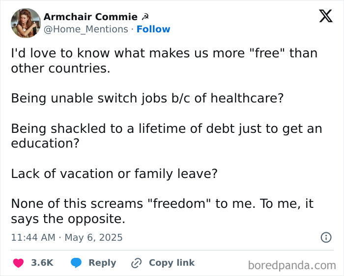 Tweet expressing frustration with the current political situation, focusing on freedom and societal issues people discuss online.