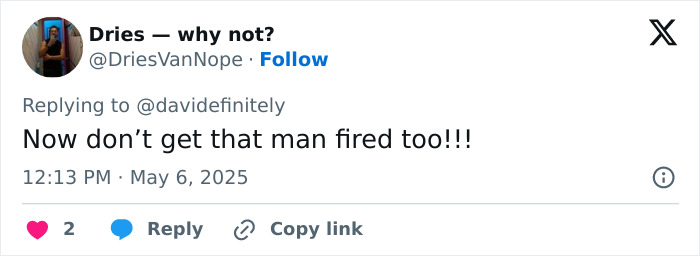 Screenshot of a tweet showing a reply expressing concern about a man being fired, linked to Guy in Lana Del Rey Met Gala photo.