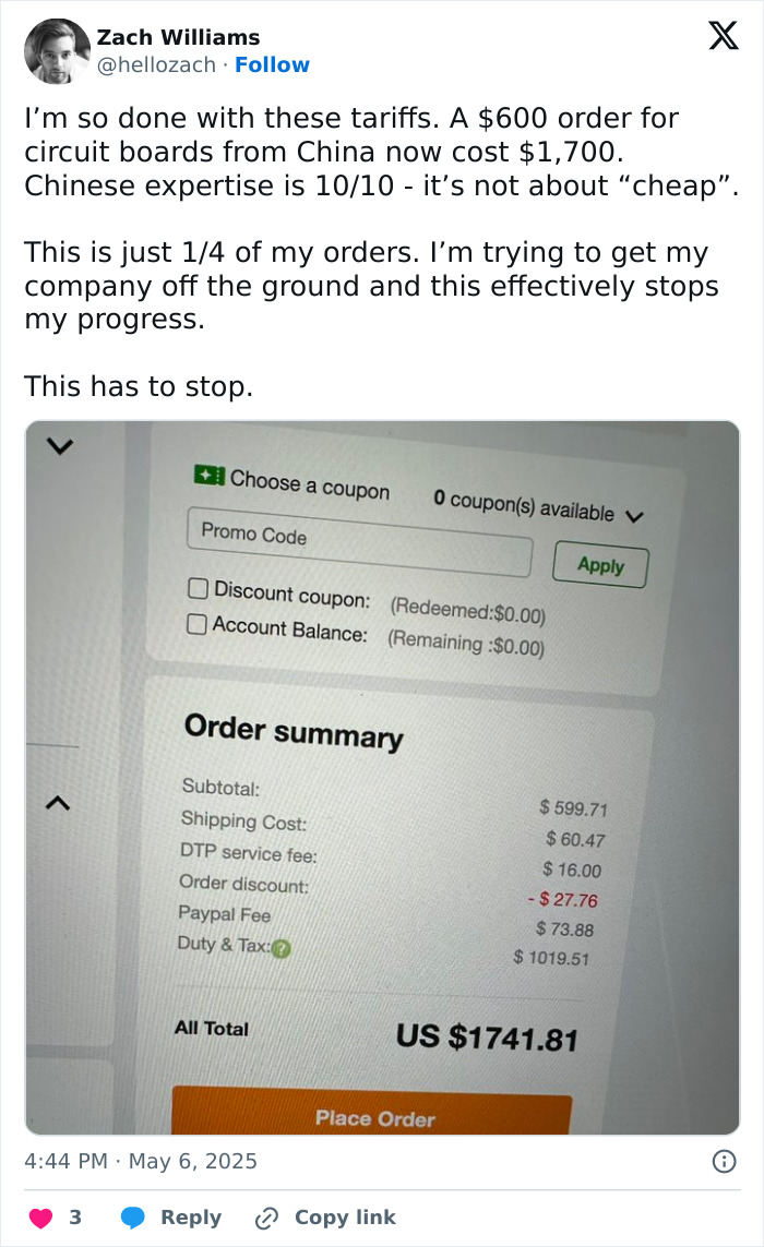Screenshot of an online order showing high tariffs raising costs for regular Americans struggling to pay the price.