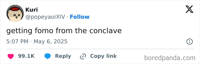 Tweet from user Kuri mentioning FOMO from the conclave, with reactions and engagement shown on social media platform.