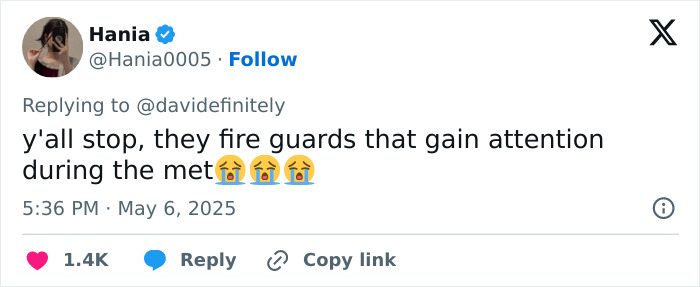 Tweet expressing concern over security guards gaining attention at the Met Gala amid massive thirst for guy in Lana Del Rey photo.