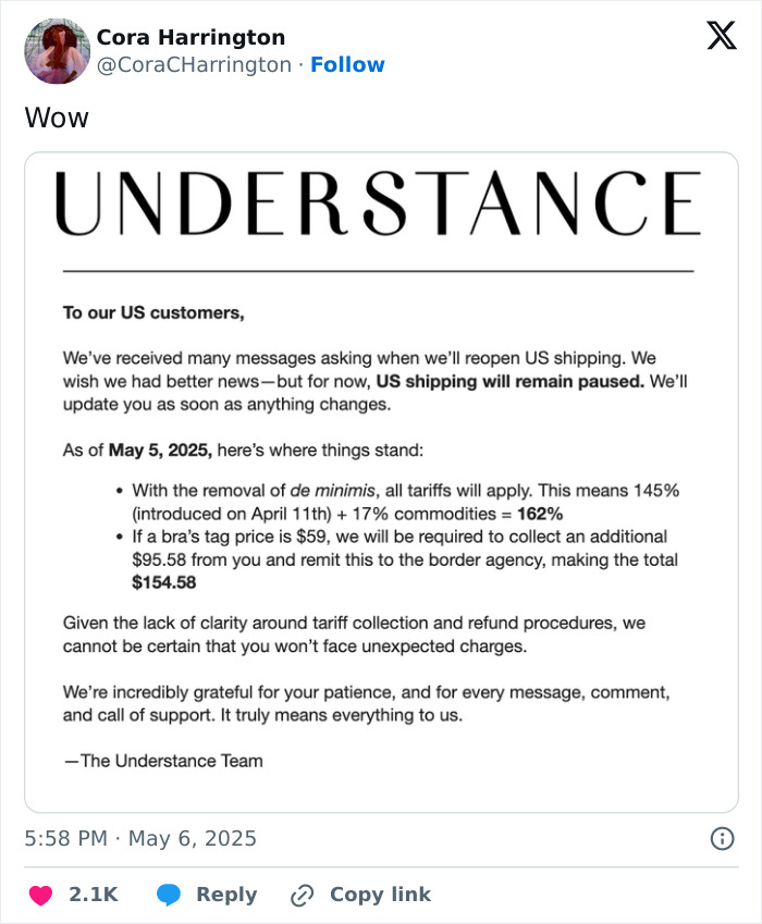 Screenshot of a message explaining how high tariffs are causing increased costs for regular Americans on US shipping.