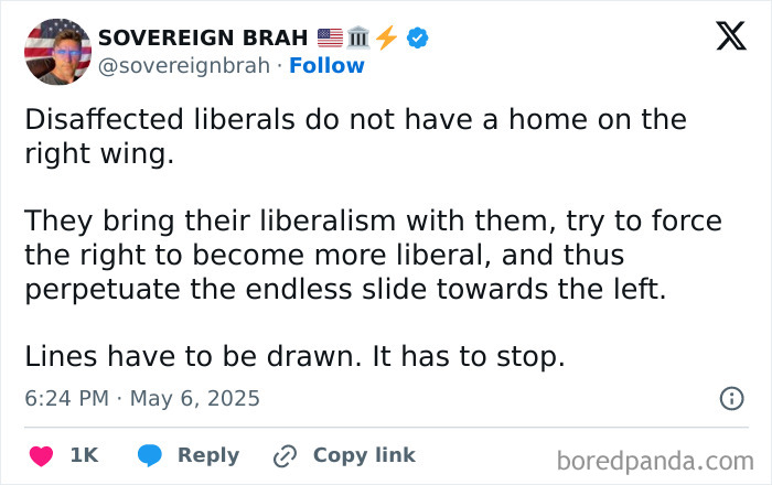 Screenshot of a tweet expressing frustration with current political situation and discussing political divisions online.