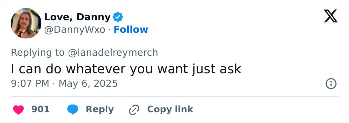 Tweet from user Love, Danny, replying to Lana Del Rey merch with text "I can do whatever you want just ask," related to massive thirst over guy in Lana Del Rey Met Gala photo.