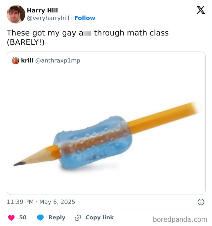 Funny May tweets showing a pencil with a blue grip, shared humor from the May tweet collection.