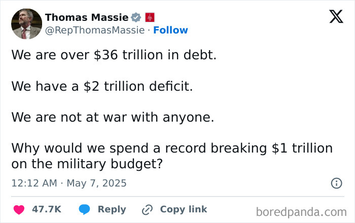 Tweet by Thomas Massie discussing national debt, deficit, and military budget amid political frustration online.